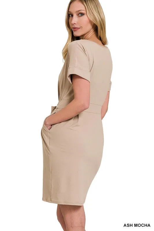 Brushed Tie-Belt Dress