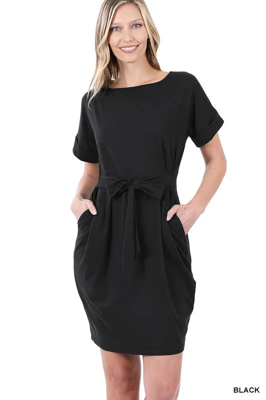Brushed Tie-Belt Dress