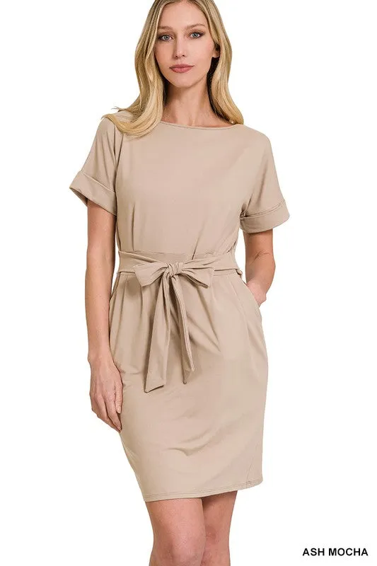 Brushed Tie-Belt Dress