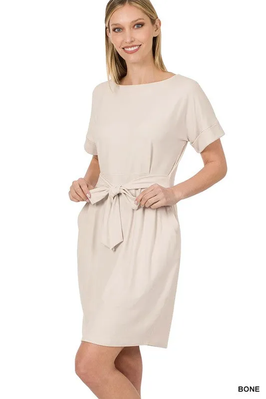 Brushed Tie-Belt Dress