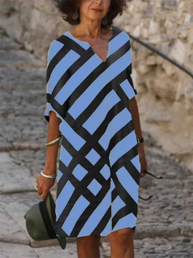 Casual V Neck Geometric Long Sleeve Dresses