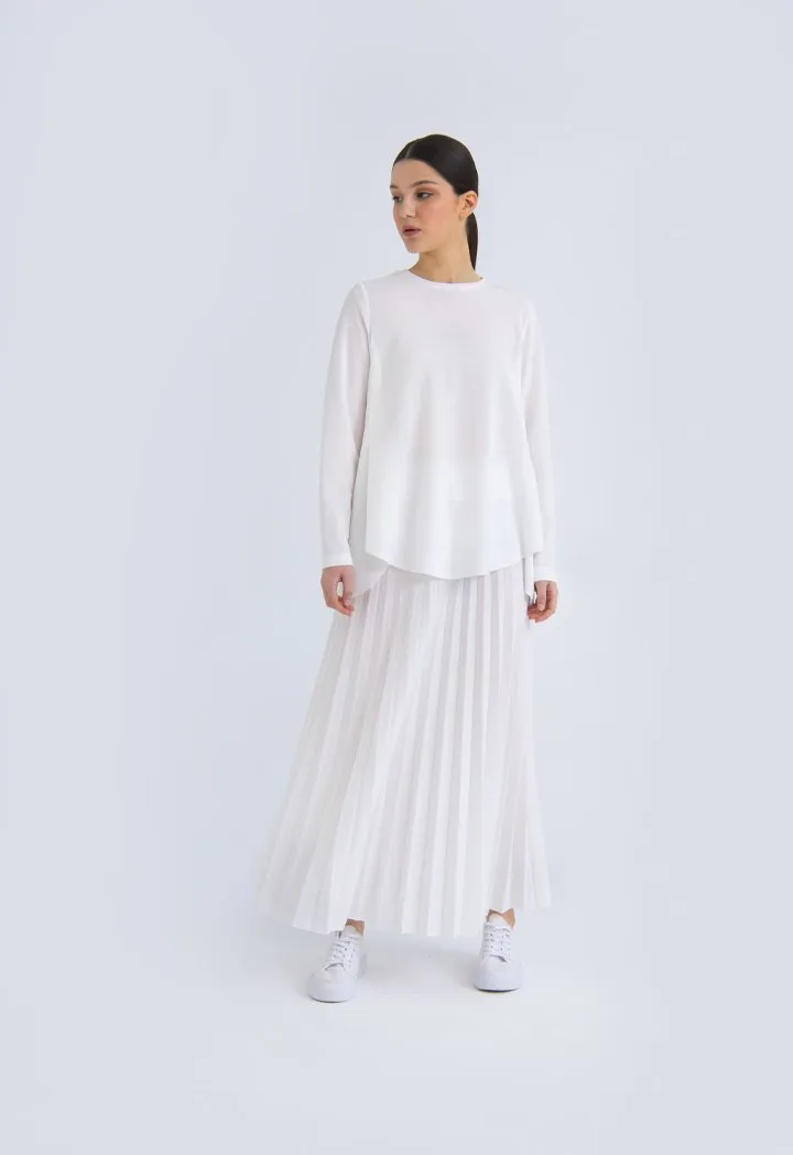 Choice Solid Color Knitted Pleated Long Skirt Off White