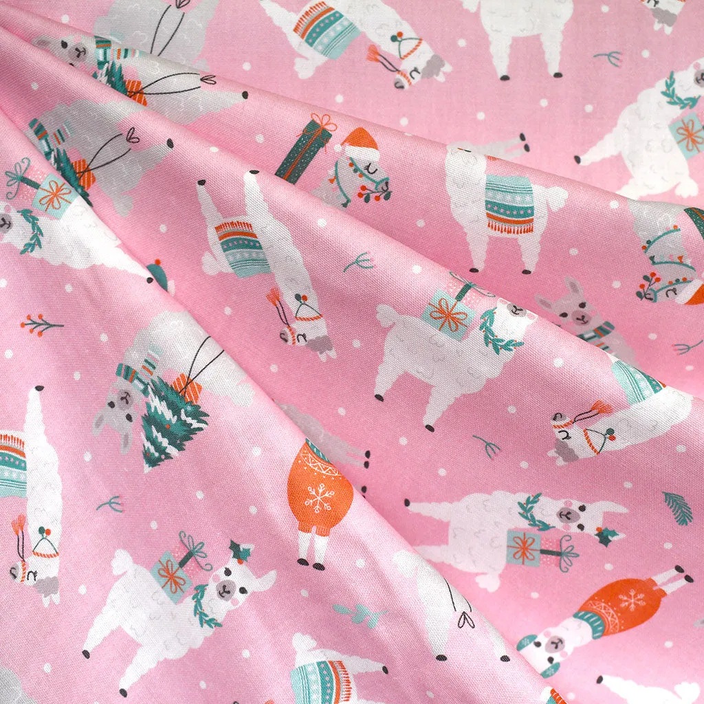 Christmas Nostalgia Festive Llamas Organic Cotton Double Gauze Pink