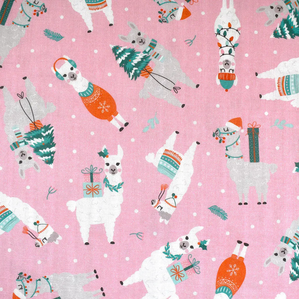 Christmas Nostalgia Festive Llamas Organic Cotton Double Gauze Pink