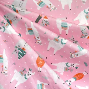 Christmas Nostalgia Festive Llamas Organic Cotton Double Gauze Pink