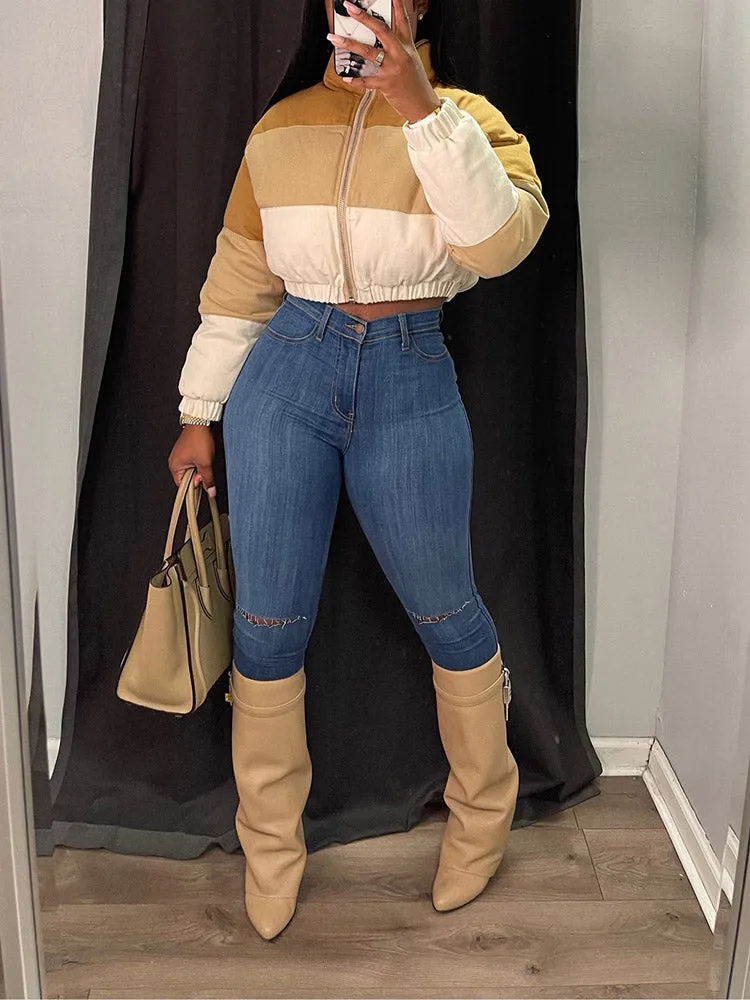 Color Block Crop Padded Jacket