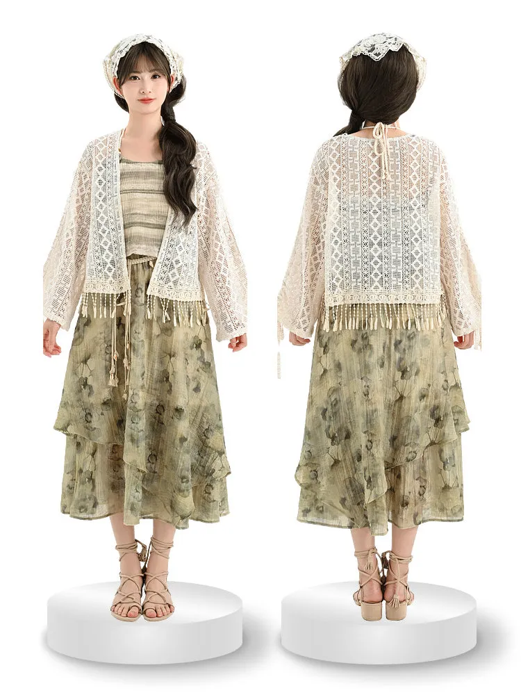 Dali Dream Ethnic Dye Midi Skirt with Belt