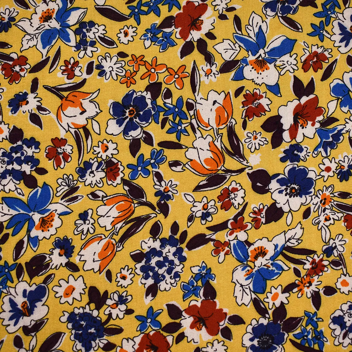 Designer Tossed Autumn Florets Rayon Challis Mustard/Multi