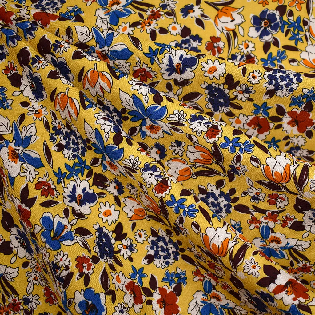 Designer Tossed Autumn Florets Rayon Challis Mustard/Multi
