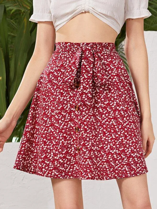 Ditsy Floral Button Front Tie Front Skirt