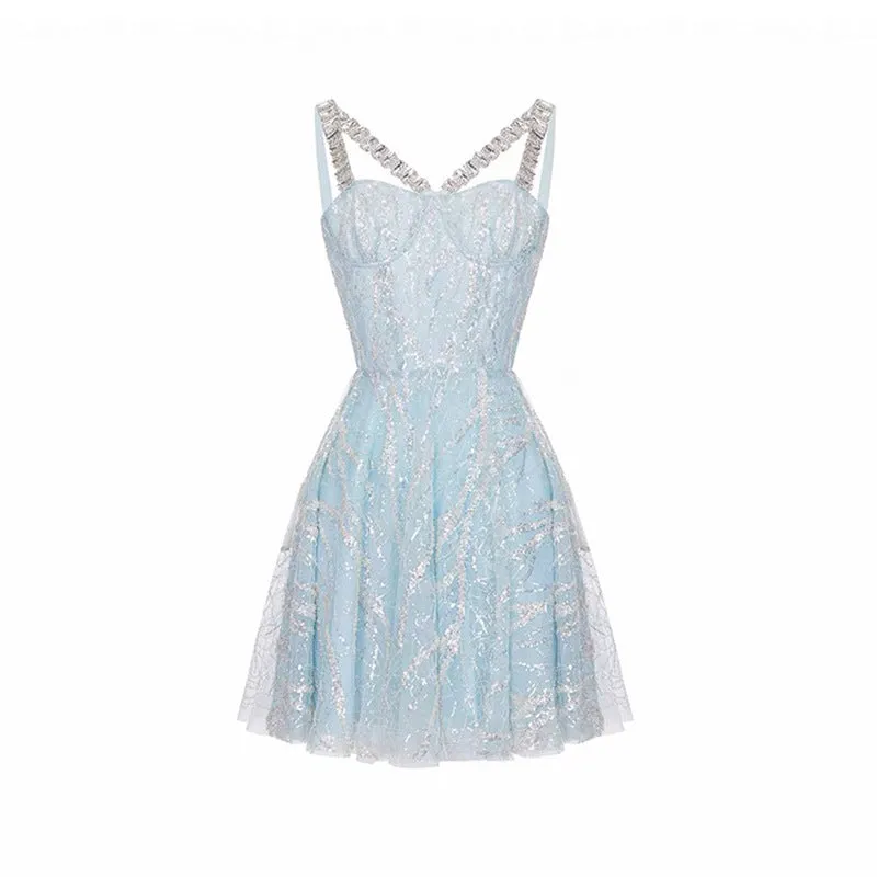 Elegant Blue Sequin Mini A-Line Party Dress