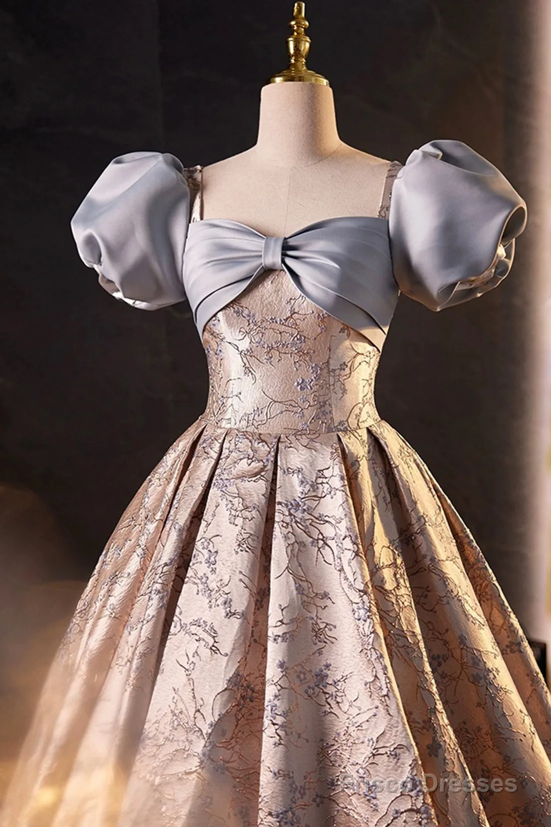 Fashion Floor-Length Printing Prom Dresses, A-Line Short Sleeve Backless Evening Formal Dresses