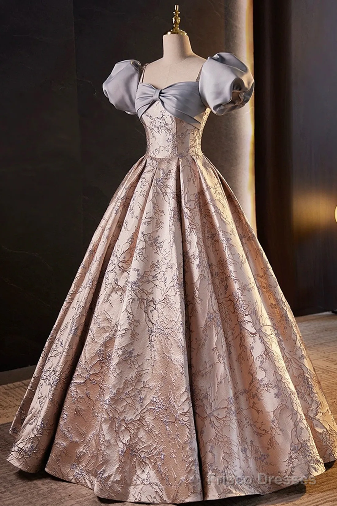 Fashion Floor-Length Printing Prom Dresses, A-Line Short Sleeve Backless Evening Formal Dresses