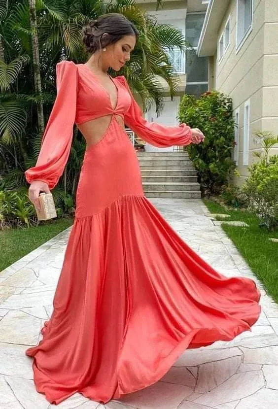 Formal Wear Dresses Coral Long Sleeves V Neck Long Party Dress Evening Dress Prom Dresses Shops Formal Women's Dresses