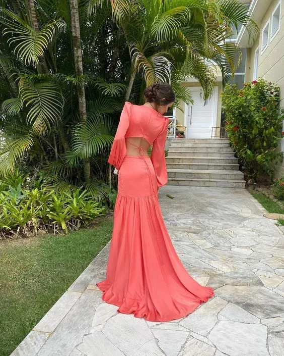 Formal Wear Dresses Coral Long Sleeves V Neck Long Party Dress Evening Dress Prom Dresses Shops Formal Women's Dresses