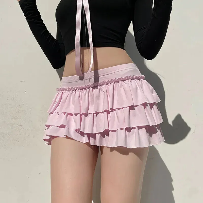 Girlary Bow Sweet A-Line Skirts Women Sexy Slim Low-Waist Casual Mini Skirts Y2K Female Summer Fashion Streetwear All-Match Pink Skirts