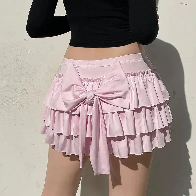 Girlary Bow Sweet A-Line Skirts Women Sexy Slim Low-Waist Casual Mini Skirts Y2K Female Summer Fashion Streetwear All-Match Pink Skirts