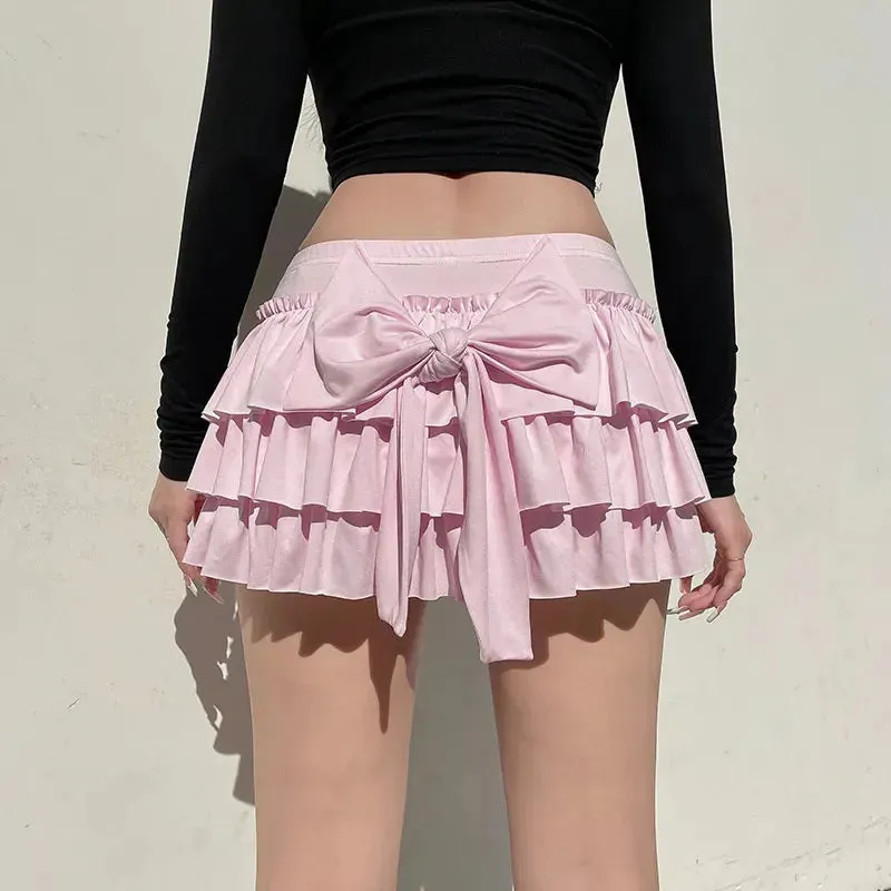 Girlary Bow Sweet A-Line Skirts Women Sexy Slim Low-Waist Casual Mini Skirts Y2K Female Summer Fashion Streetwear All-Match Pink Skirts