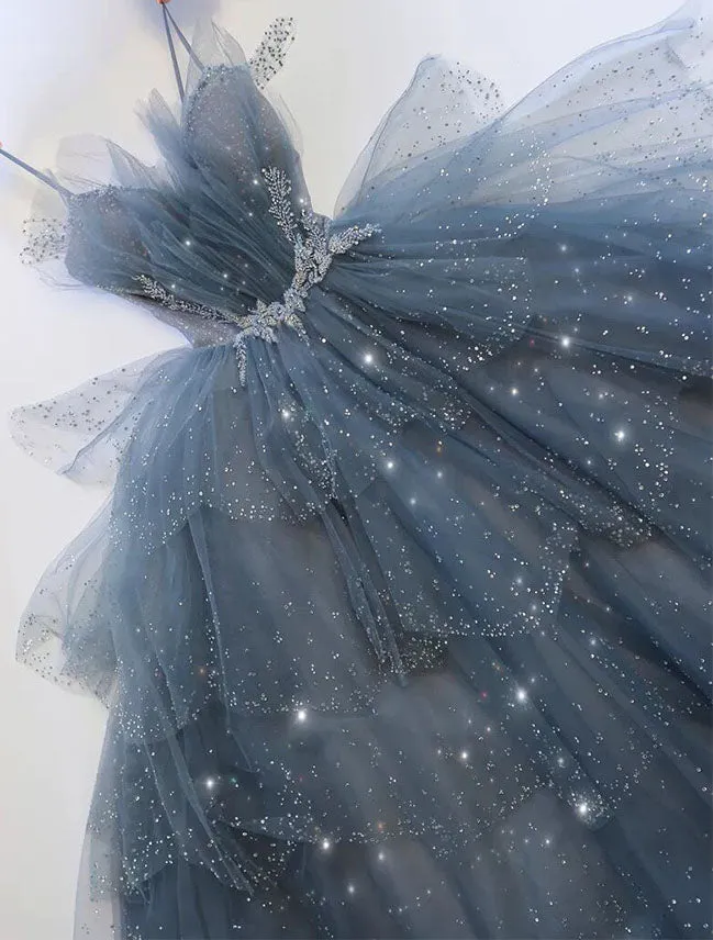 Gorgeous Blue Sparkly Tulle Beaded Prom Dress, Tiered Formal Gown with Rhinestone SH360