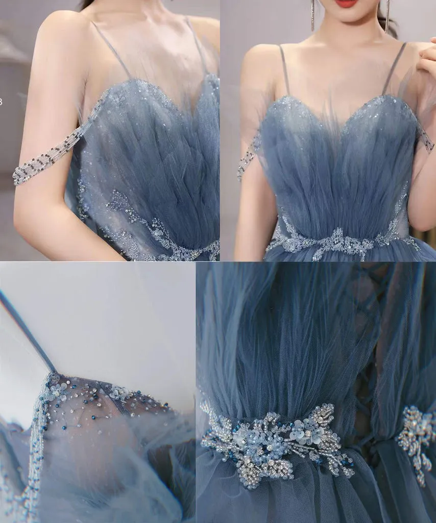 Gorgeous Blue Sparkly Tulle Beaded Prom Dress, Tiered Formal Gown with Rhinestone SH360