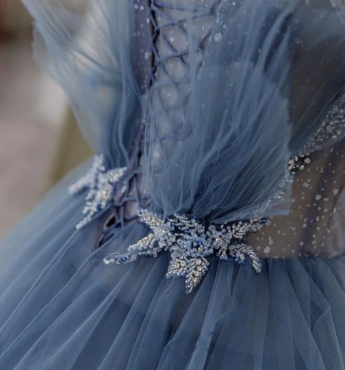 Gorgeous Blue Sparkly Tulle Beaded Prom Dress, Tiered Formal Gown with Rhinestone SH360