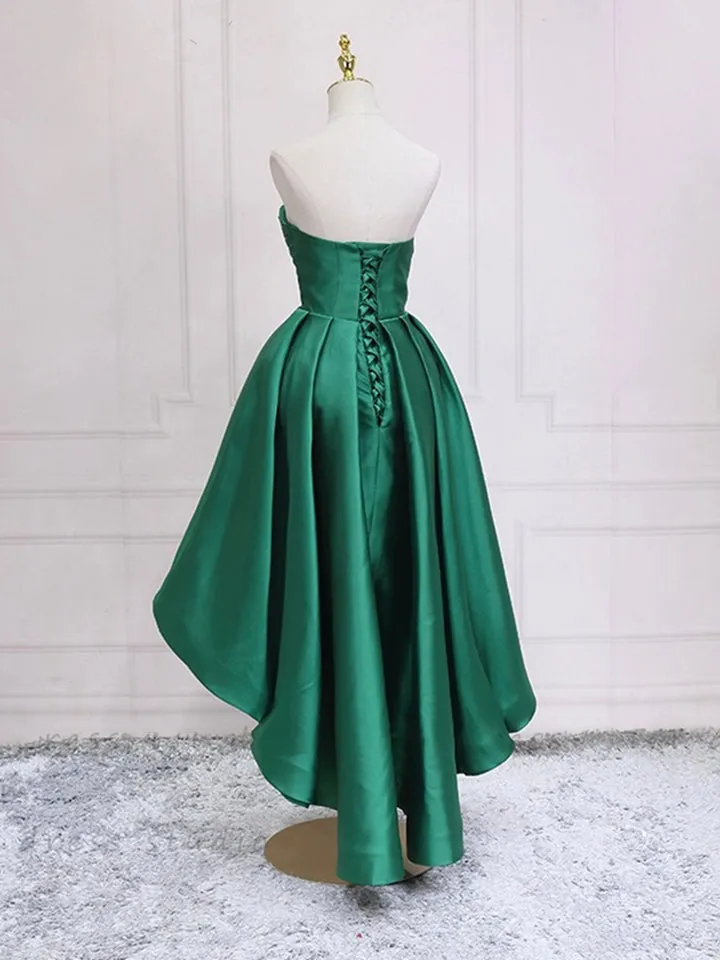 Green Satin High Low Party Dresses Strapless Green Homecoming Dresses Off Shoulder