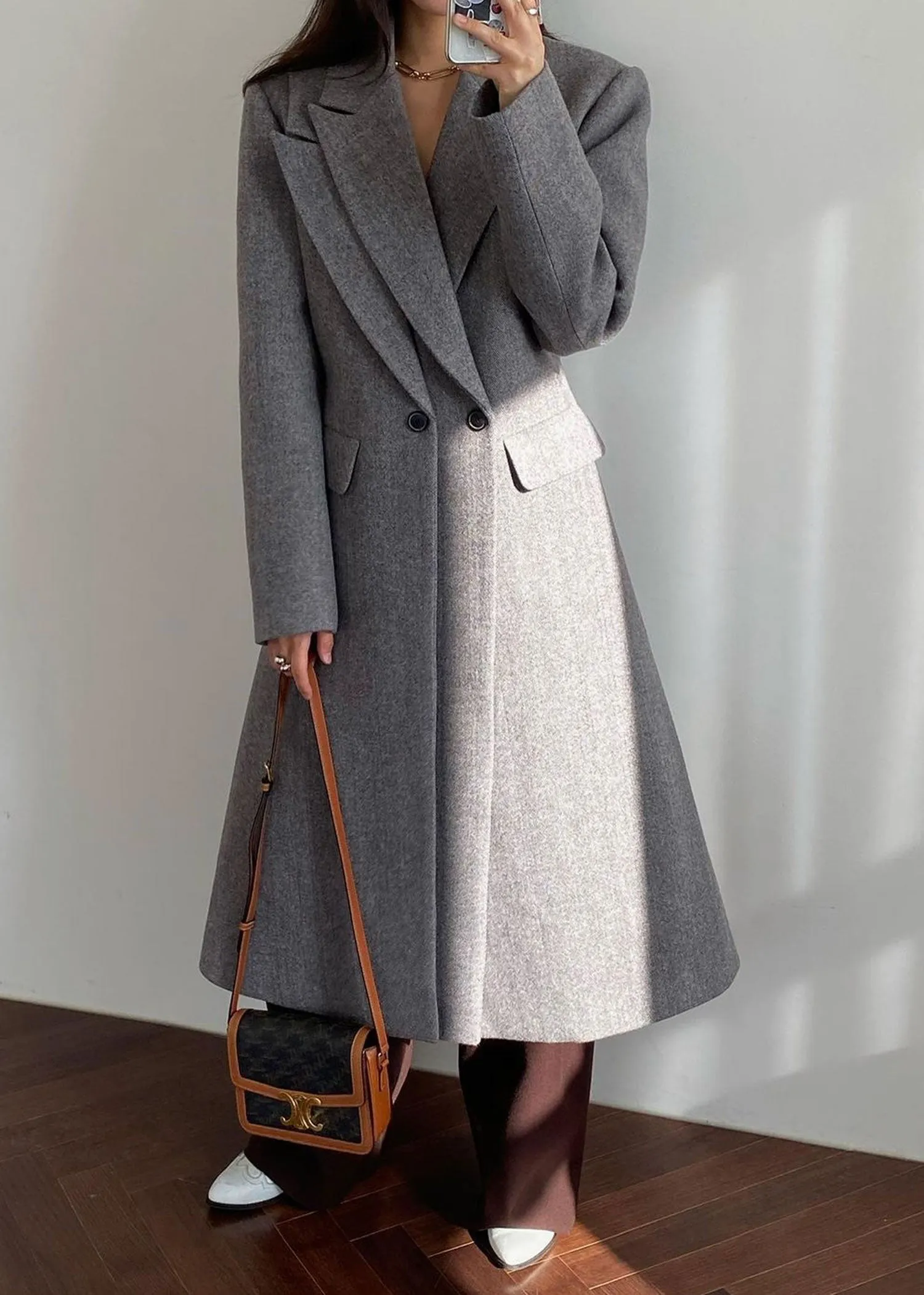 Grey Double Collar Long Coat