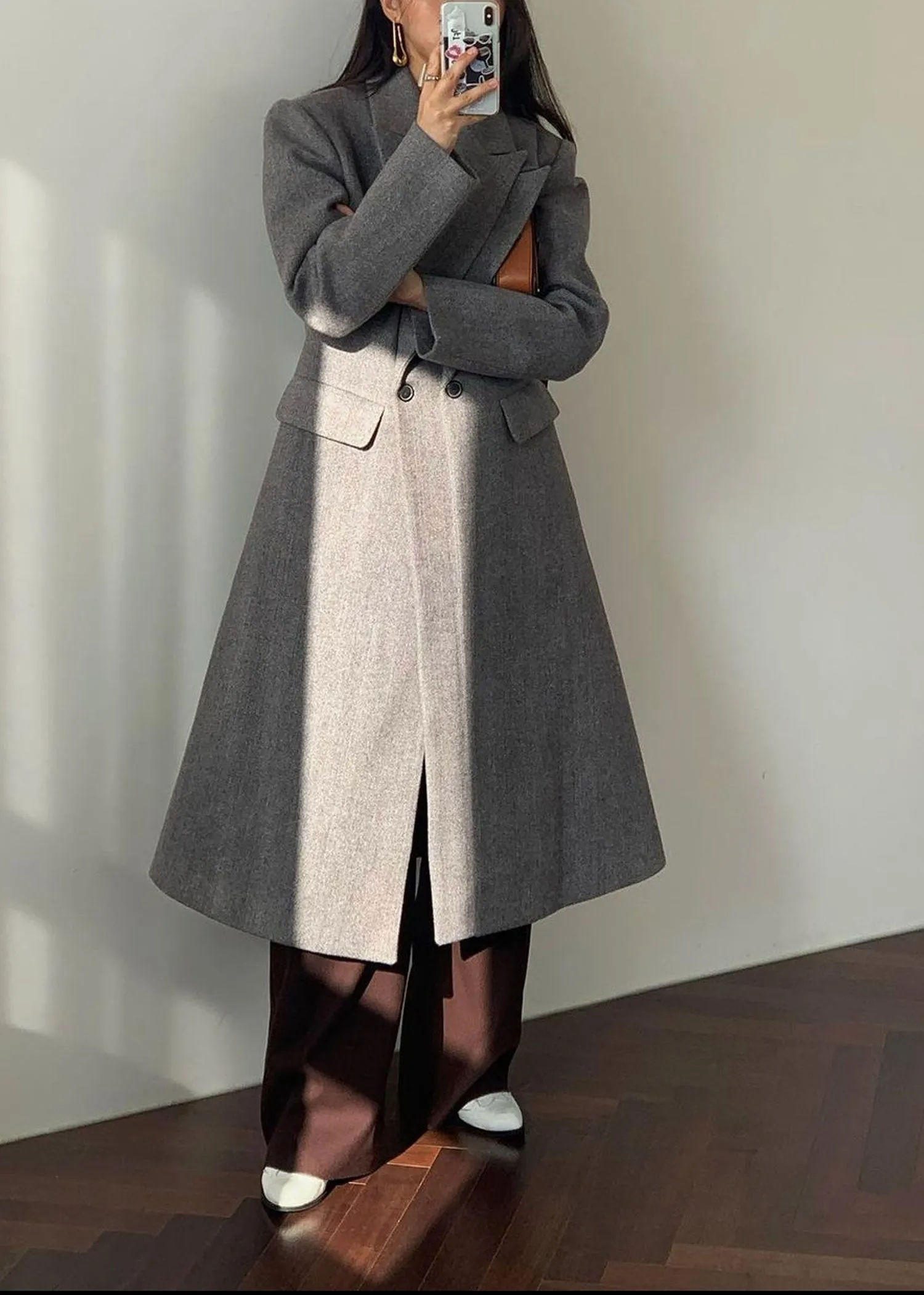 Grey Double Collar Long Coat