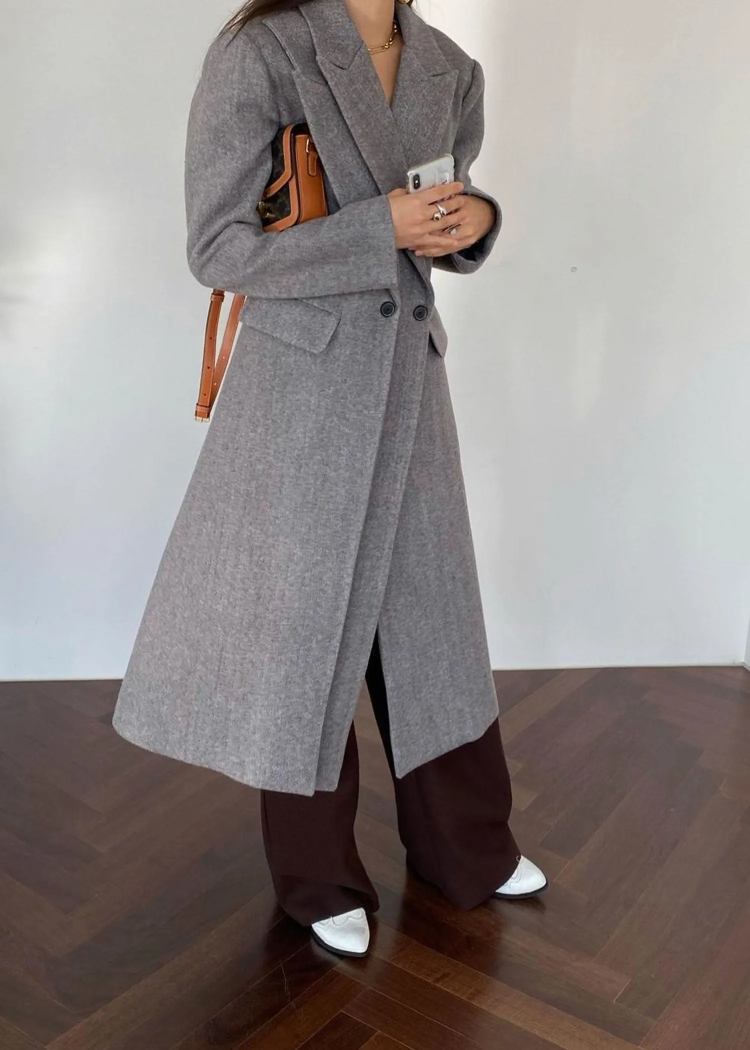Grey Double Collar Long Coat