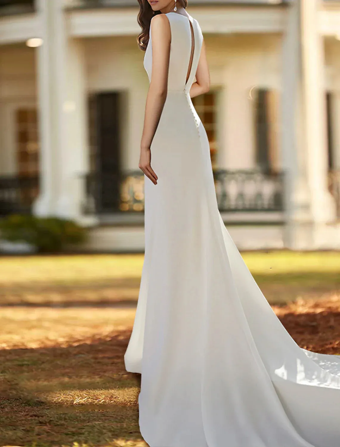 Hall Casual Wedding Dresses Mermaid / Trumpet V Neck Sleeveless Chapel Train Stretch Fabric Bridal Gowns With Split Front Solid Color