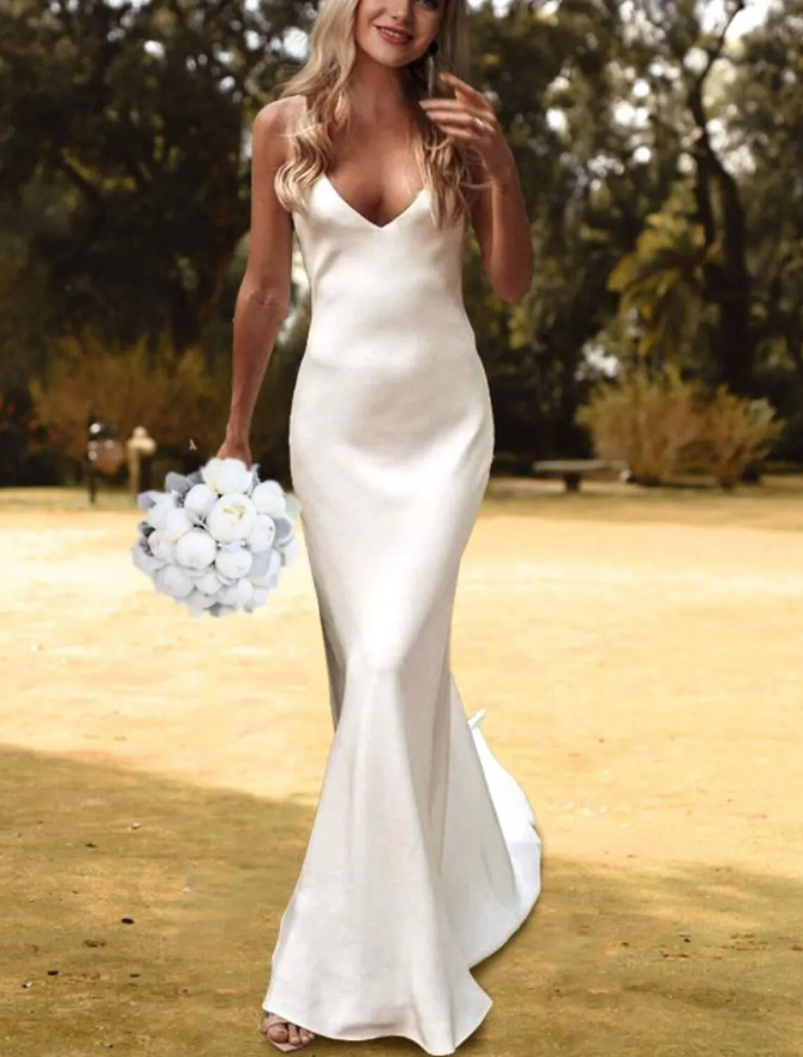 Hall Casual Wedding Dresses Sheath / Column Camisole V Neck Spaghetti Strap Court Train Charmeuse Bridal Gowns With Solid Color 2023 Summer Wedding Party