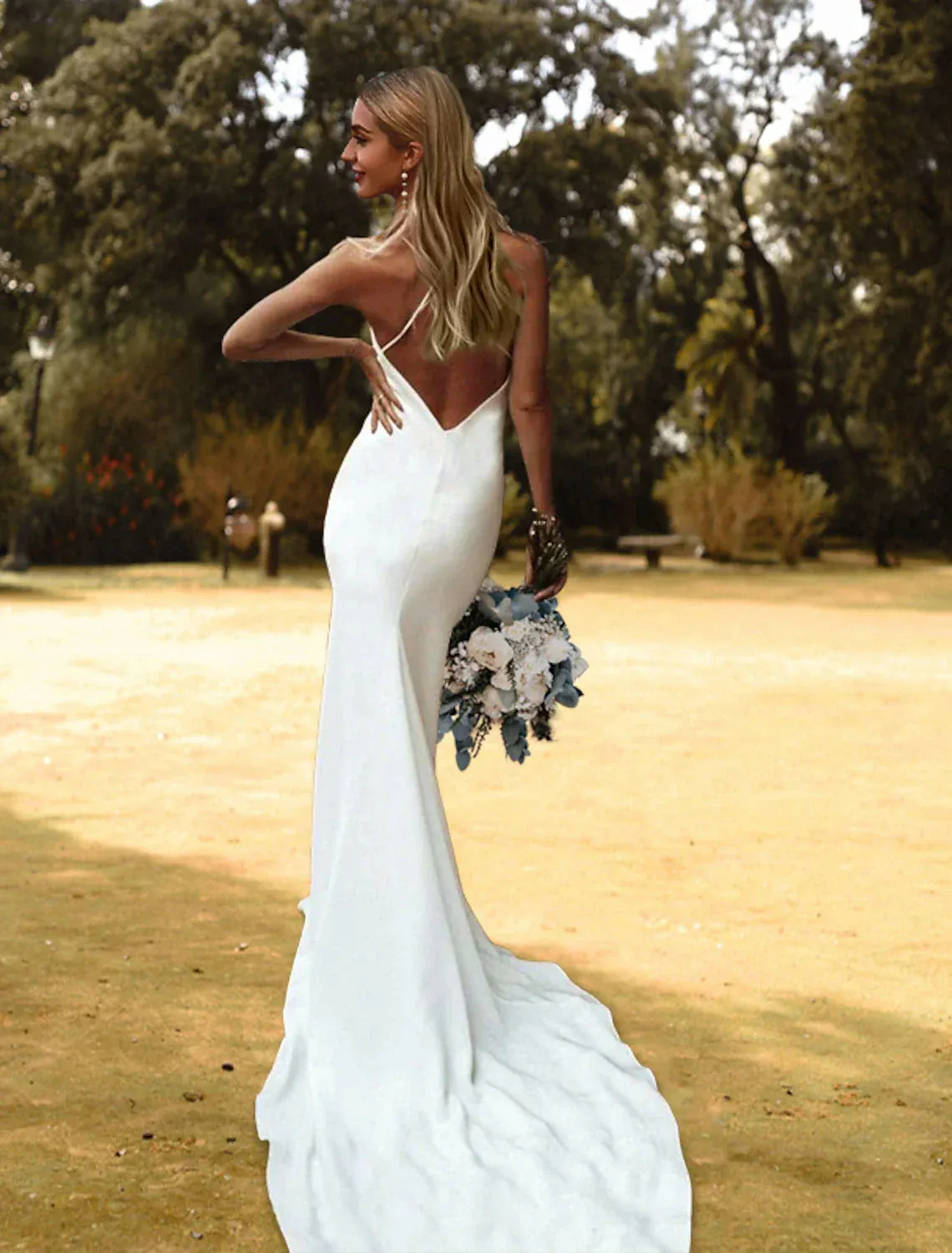 Hall Casual Wedding Dresses Sheath / Column Camisole V Neck Spaghetti Strap Court Train Charmeuse Bridal Gowns With Solid Color 2023 Summer Wedding Party