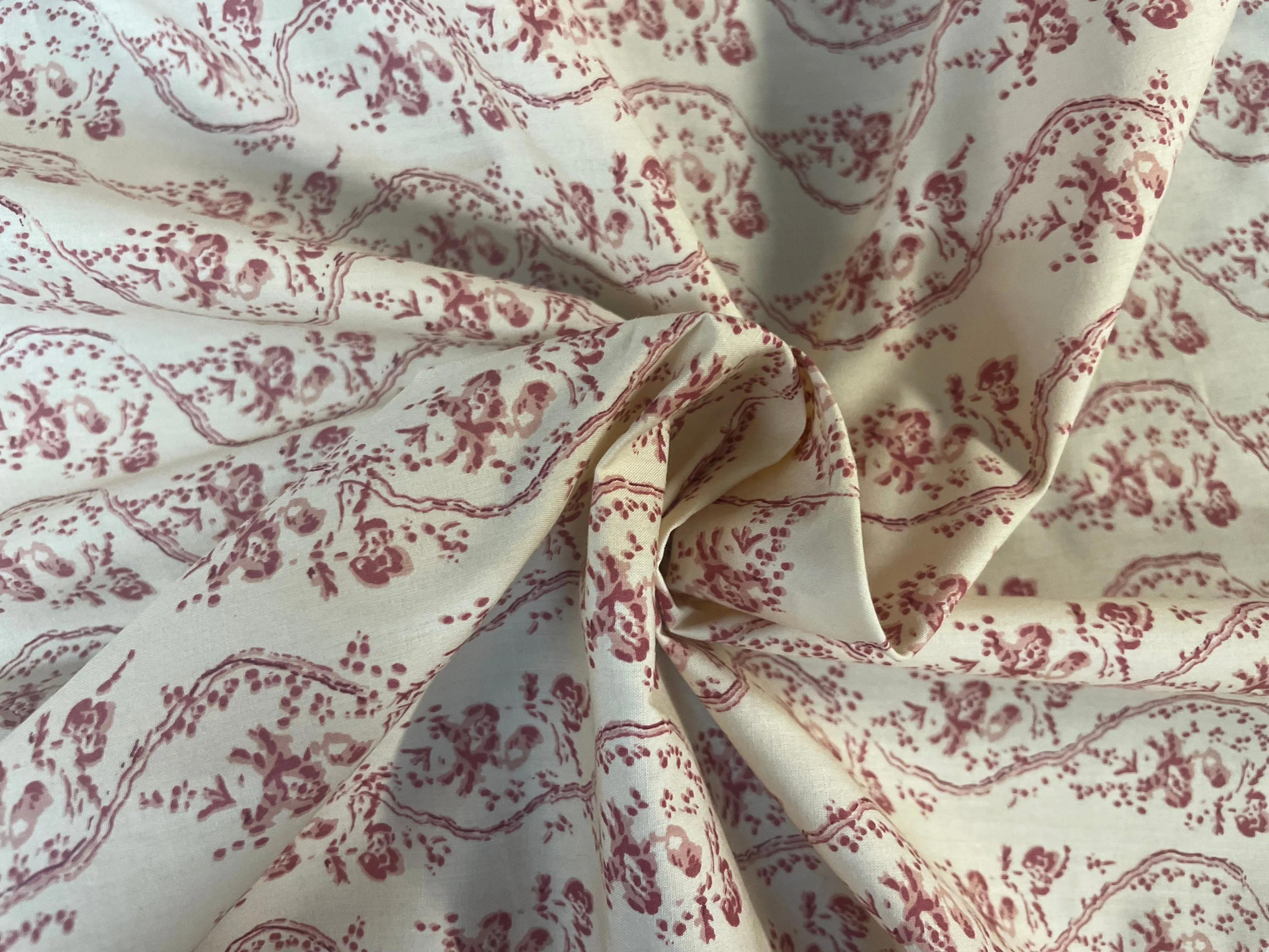 Italian Floral Print Giza Cotton - Cream and Maroon
