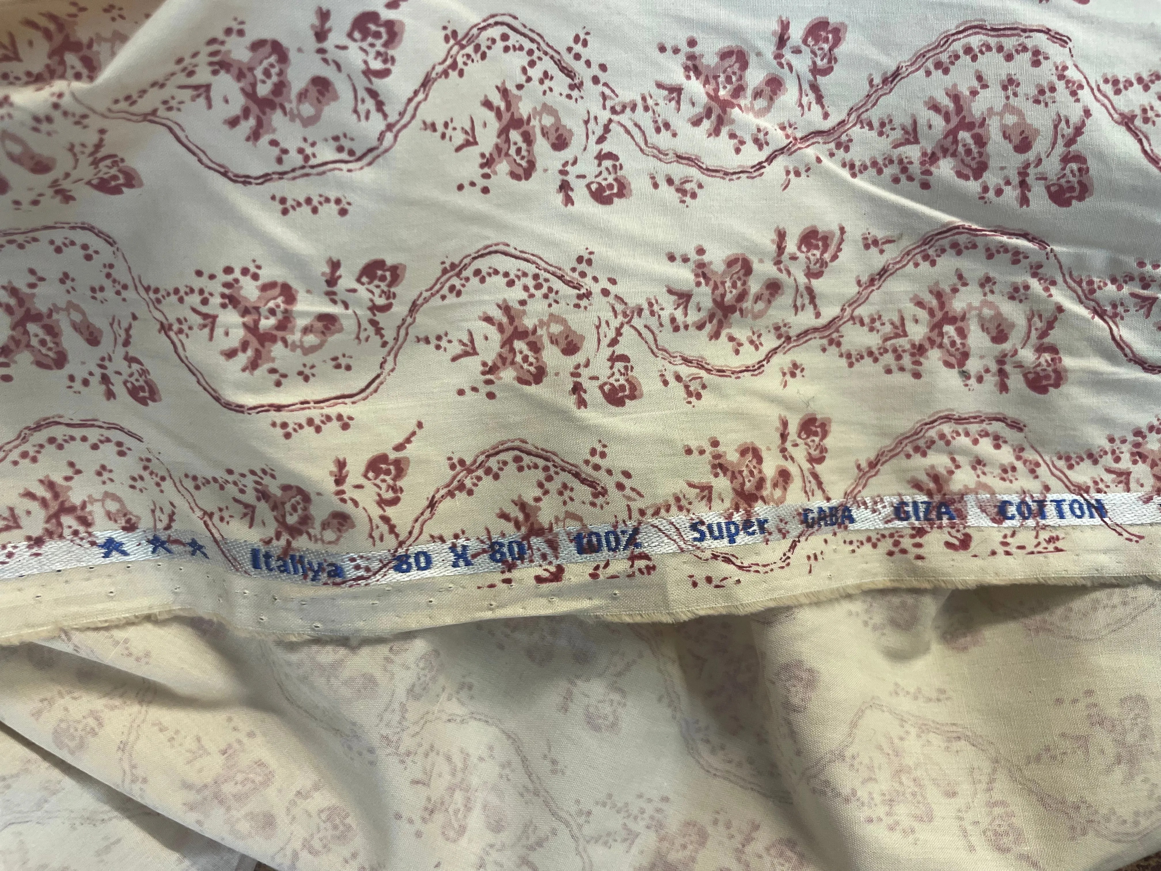 Italian Floral Print Giza Cotton - Cream and Maroon