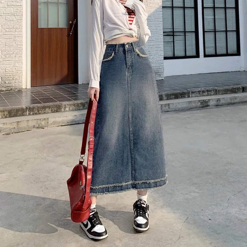 Jean Skirt Women High Waist Retro Slimming A- line Skirt Versatile Mid-Length Denim Skirt Womens Y2k Sexy Fashion Streetwear