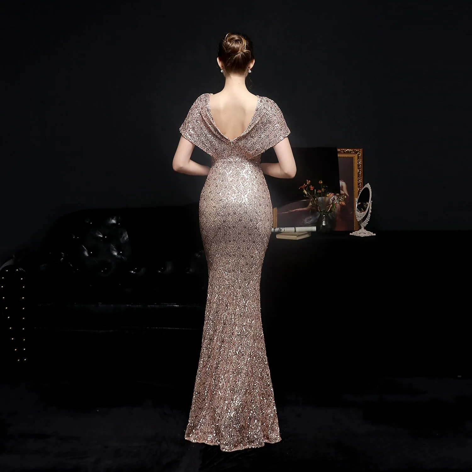 Jessica Batwing Sleeve Double V-neck Sequin Mermaid Dress