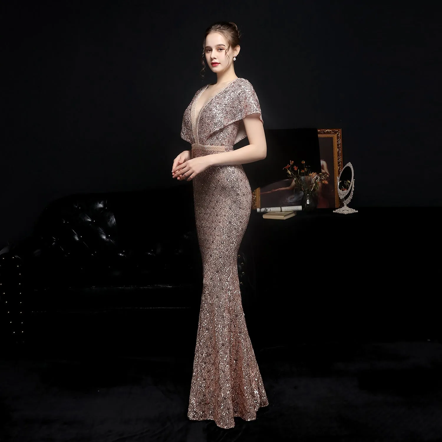 Jessica Batwing Sleeve Double V-neck Sequin Mermaid Dress