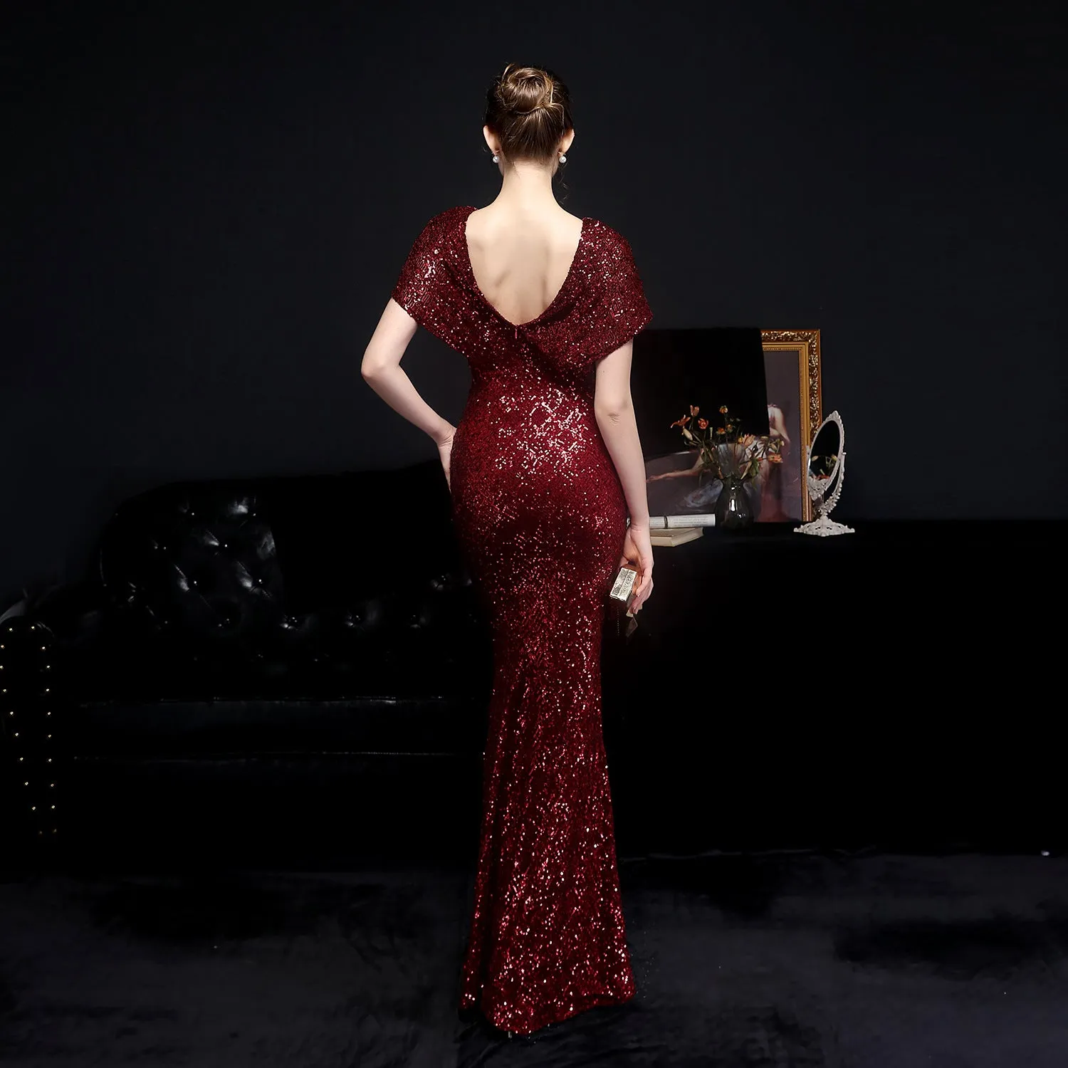 Jessica Batwing Sleeve Double V-neck Sequin Mermaid Dress
