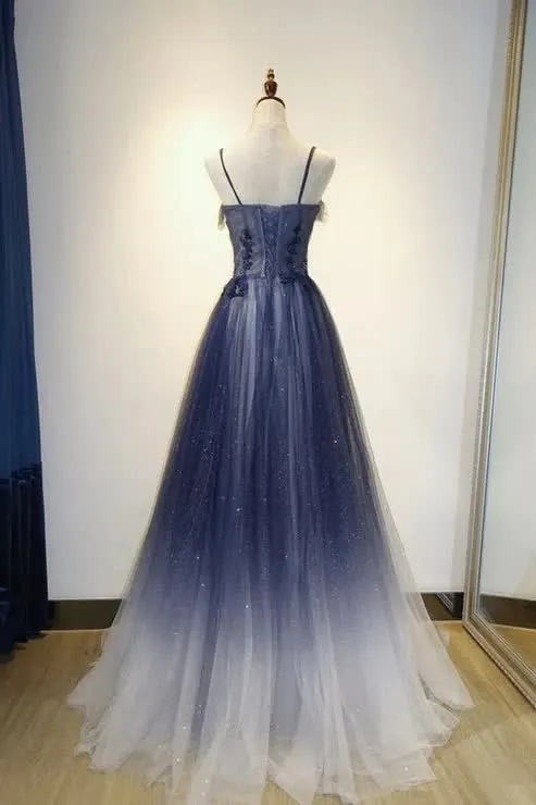 kamahe Navy Gradient A Line Tulle Long Formal Prom Dresses