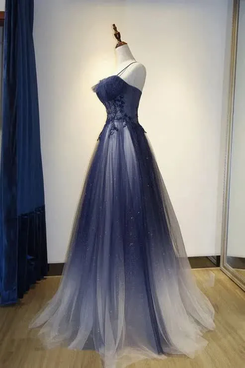 kamahe Navy Gradient A Line Tulle Long Formal Prom Dresses