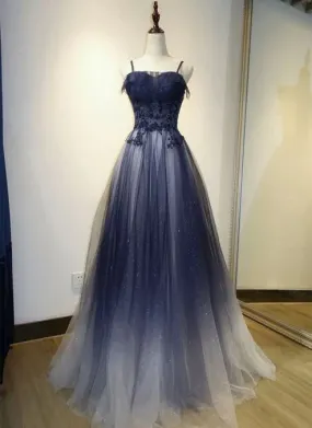 kamahe Navy Gradient A Line Tulle Long Formal Prom Dresses