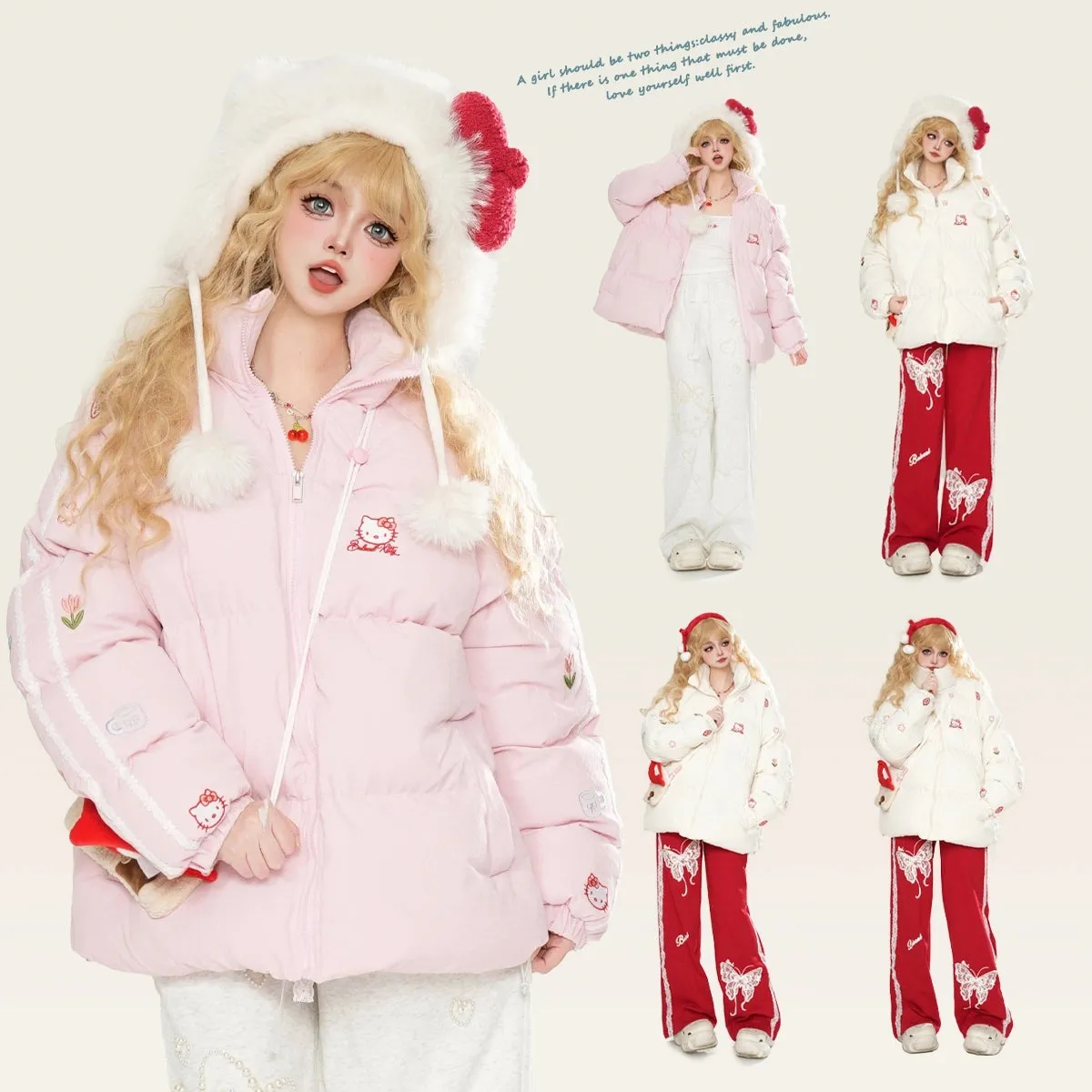 Kawaii Soft Style Pink Hello Kitty Printed Cotton Coat