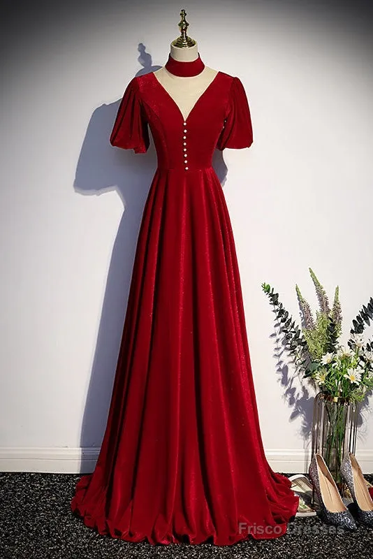 Long Velvet V-Neckline Floor Length Prom Dresses, Black Evening Wedding Party Dresses