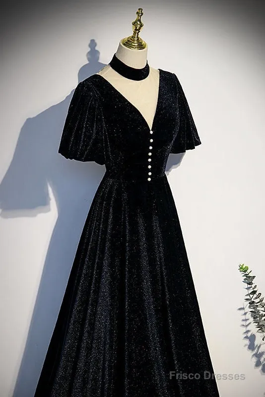 Long Velvet V-Neckline Floor Length Prom Dresses, Black Evening Wedding Party Dresses