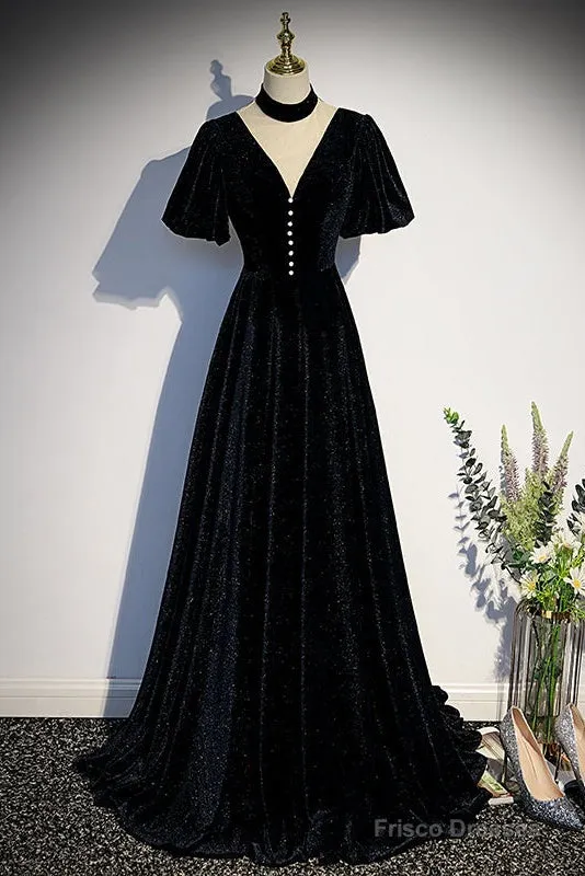 Long Velvet V-Neckline Floor Length Prom Dresses, Black Evening Wedding Party Dresses