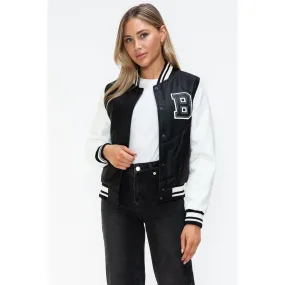 Love Me Now PU Leather Contrast Snap Down Bomber Jacket- Black