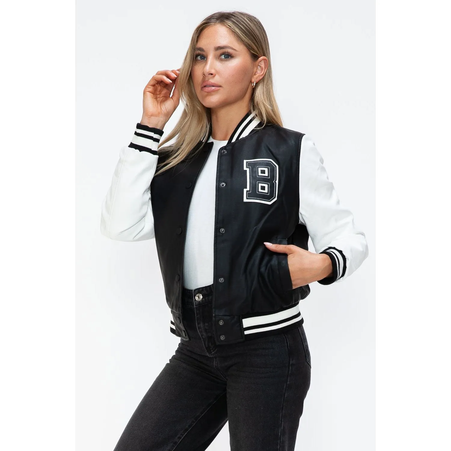 Love Me Now PU Leather Contrast Snap Down Bomber Jacket- Black