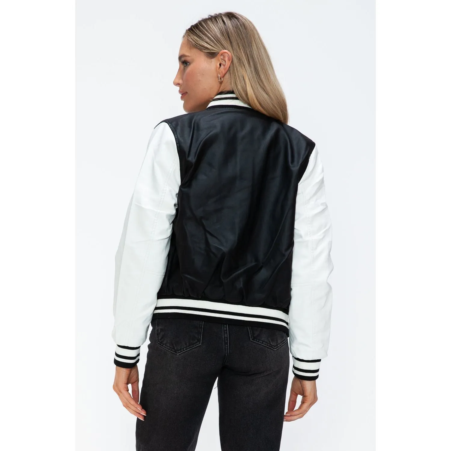 Love Me Now PU Leather Contrast Snap Down Bomber Jacket- Black