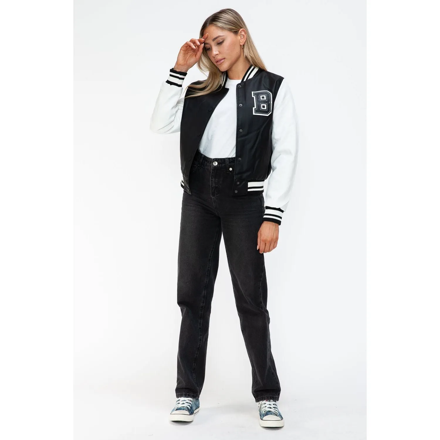Love Me Now PU Leather Contrast Snap Down Bomber Jacket- Black