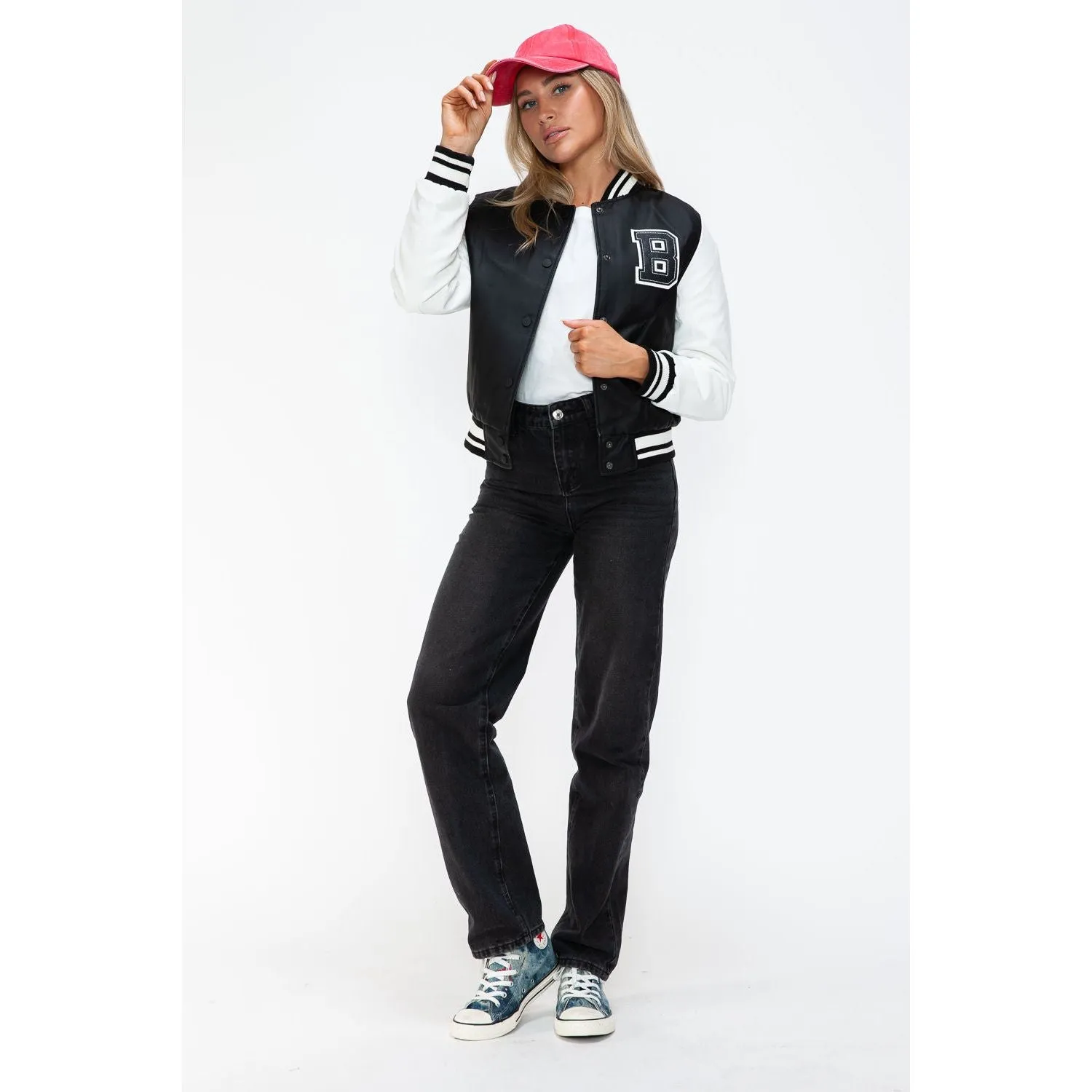 Love Me Now PU Leather Contrast Snap Down Bomber Jacket- Black